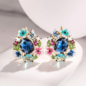 Gold Tone Floral Enamel Blue Oval Center Stud Earrings