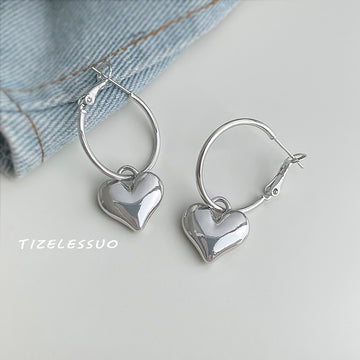 Silver-Tone Hoop Earrings With Puffy Heart Dangle Charms