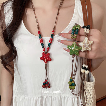 Ceramic Starfish Bead Tassel Brown Wax Cord Necklace
