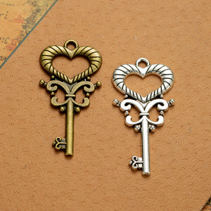 Ornate Heart Skeleton Key Pendant Metal Jewelry Making Component In 2 Finishes