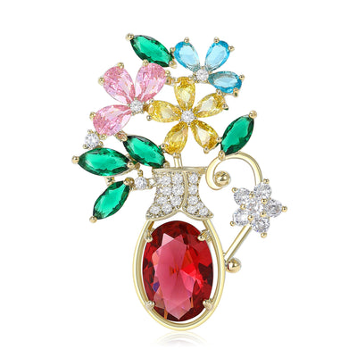 Multicolor zircon flower vase brooch gold tone front on white