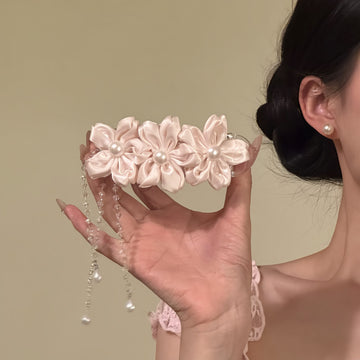 Pale Pink Satin Flower Pearl Tassel Duck Bill Hair Clip