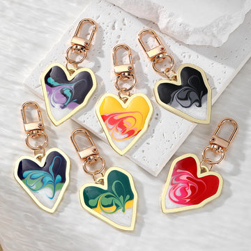 Gold Tone Heart Marbled Swirl Enamel Clip Keychains in Six Colors