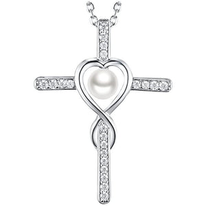 Silver Pave Cross Pendant Necklace Pearl Heart Center