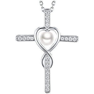 Close silver pave cross pendant white pearl in open heart center on chain