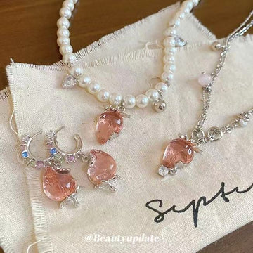 Pink Crystal Strawberry Pearl Necklace Earring Styles