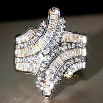 White Gold Geometric Baguette Crystal Cross Ring Sizes 6-10