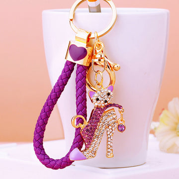 High Heel Cat Keychains in Pink Blue and Purple with Braided Loops
