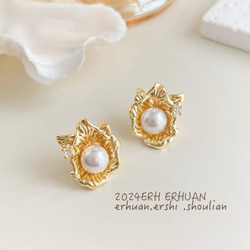Gold Textured Flower Pearl Stud Earrings Crystal Accent
