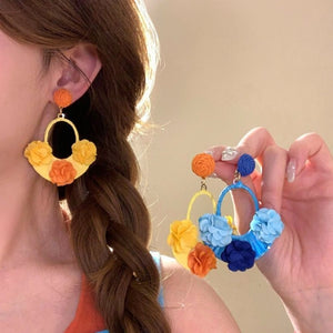 Woven Flower Hoop Drop Earrings in Yellow and Blue Colorways