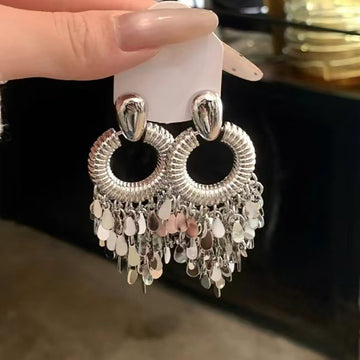 Silver Tone Open Circle Sequin Fringe Stud Earrings