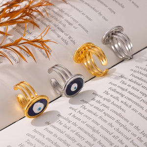 Blue Evil Eye Oil Drip Open Ring Gold Steel Triple Band