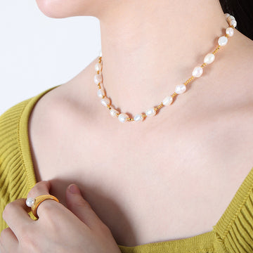 Gold Tone Freshwater Baroque Pearl Beaded Choker Necklace