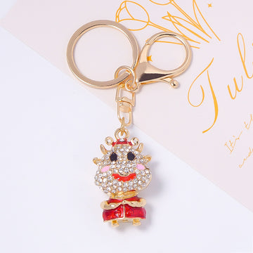 Rhinestone Wealth God Ox Keychain Gold Metal Red Robe Charm