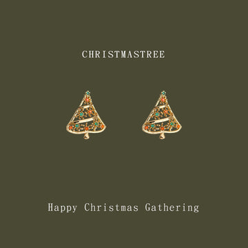 Gold Openwork Christmas Tree Stud Earrings Red Green Stones