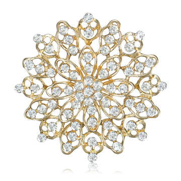 Openwork Crystal Flower Brooch in Gold or Silver Tone