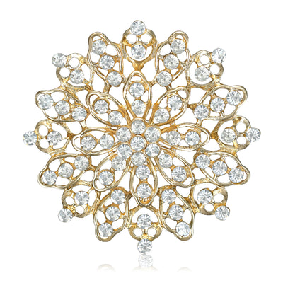 openwork crystal flower brooch in gold or silver tone isolated on a white background