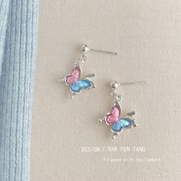Silver Ball Stud Pink Blue Enamel Butterfly Drop Earrings
