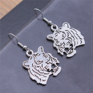 Cutout Tiger Head Drop Earrings in Two Antique Finishes