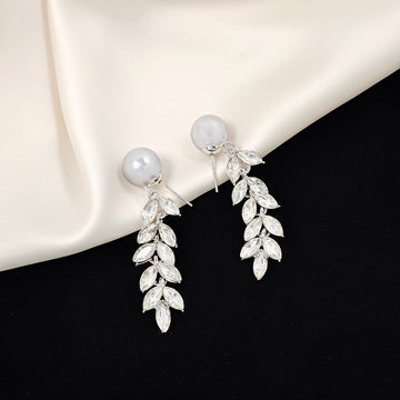 Silver Leaf Wheat Spray Pearl Look Long Stud Earrings