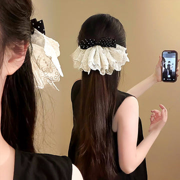 Polka Dot Bow Lace Ruffle Spring Hair Clips Black and White