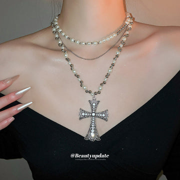 Double Strand Pearl Rhinestone Cross Pendant Necklace