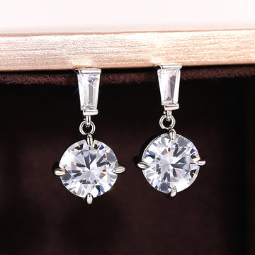 Silver Clear Round Drop Earrings Baguette Top Stud