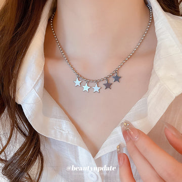 Silver Star Moon and Cloud Charm Necklace with Polished Metal Details