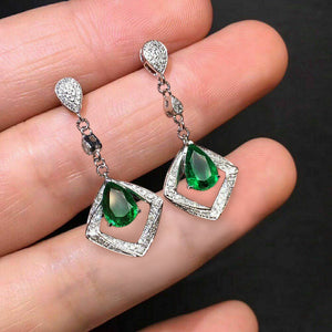 Silver Tone Green Teardrop Geometric Drop Earrings