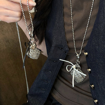 Silver Ball Chain Mesh Heart Bag Pendant Necklace Two Bows