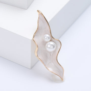 Curved Leaf Brooch with Pearl Cluster in Three Enamel Colors