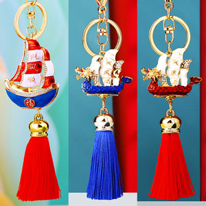 Enamel Sailboat Tassel Keychain with Rhinestones, Four Lucky Designs