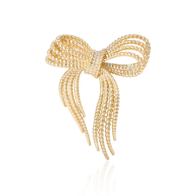 Gold tone textured rope bow brooch with rhinestone knot