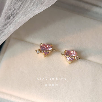 Gold Pink Heart Zircon Stud Earrings Crystal Bar Accent