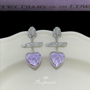 Silver Tone Clear Stone Bar Lavender Heart Drop Stud Earrings