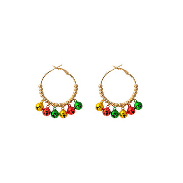 Gold Hoop Earrings Colorful Jingle Bells Bead Accents