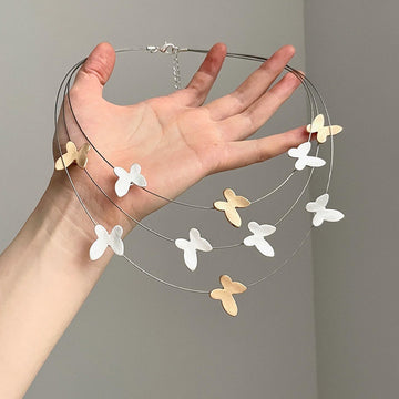 Three Layer Butterfly Station Necklace in Mixed Tones