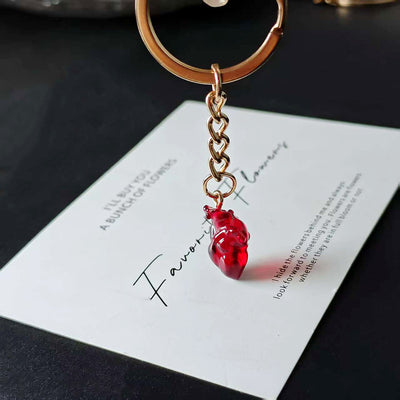Main product view of transparent Red Anatomical Heart Keychain with Silver Tone Split Ring