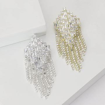 Rhinestone Fringe Brooch In Metal With Stepped Baguette Crystals And Hanging Crystal