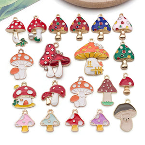 Enamel Mushroom and Toadstool House Charms in Gold-Tone Alloy