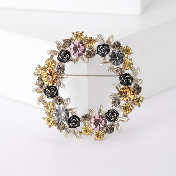 Multicolor Floral Wreath Brooch with Detailed Metal-tone Finish