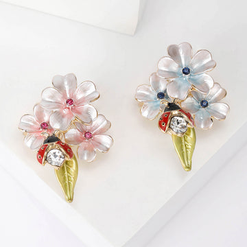Enamel Flower Ladybug Brooch Blue and Pink Petal Options