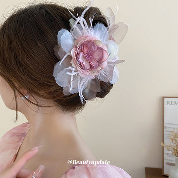 Pink Center Layered Flower Hair Claw With Gray White Petals And Feathers