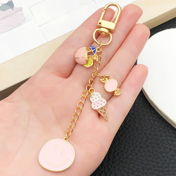 Pink Ice Cream Lemonade and Smiley Metal Clasp Keychain