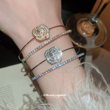 Open Double Layer Zircon Rose Flower Cuff Bangle Silver Gold