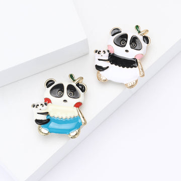 Panda Holding Cub Enamel Brooch in Blue or Black Accents