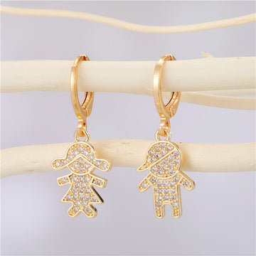 Gold Tone Asymmetric Crystal Boy and Girl Huggie Drop Earrings