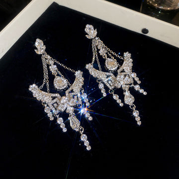 Silver Tone Crystal Flower Chandelier Drop Earrings
