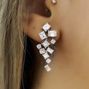 Silver Tone Geometric Crystal Cluster Drop Earrings