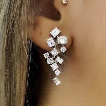 Silver Tone Geometric Crystal Cluster Drop Earrings